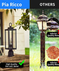 Comparison of rugged outdoor post light with E26 socket waterproof and anti-rust build, modern matte black lantern vs rusty metal light