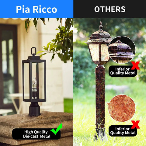 Comparison of rugged outdoor post light with E26 socket waterproof and anti-rust build, modern matte black lantern vs rusty metal light
