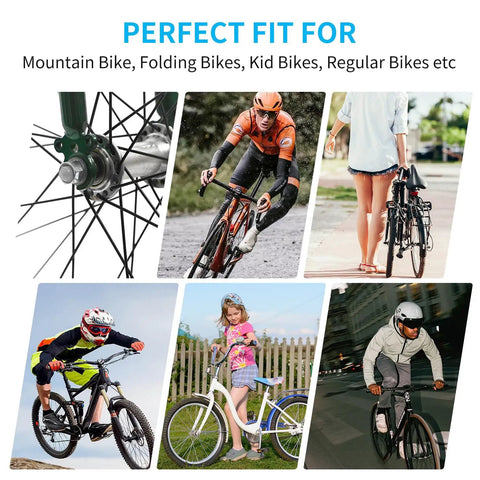 12 Piece Bicycle Axle Nut And Safety Washers Kit With Three Sizes M8 M9.5 M10 shown with various bike types and uses.