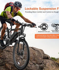 Cyclist rides Powerful 500W Electric Mountain Bike for Adults With 27.5 Inch Wheels, lockable suspension fork on rocky trail.