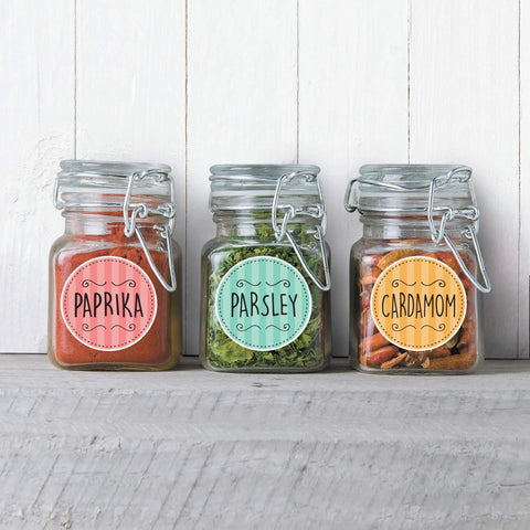 Slick Round Printable Labels 1 2/3 Inch Matte White 600 Count on spice jars displaying Paprika, Parsley, and Cardamom labels.