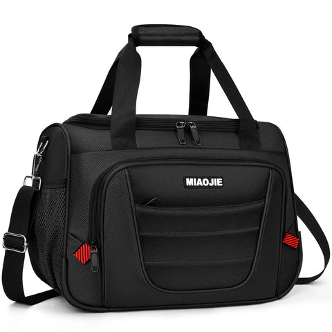Black Carry On Duffel Bag For Air Travel And Personal Item, Weekender Tote, 16 Inch Size, Softside, showing front pockets and handle