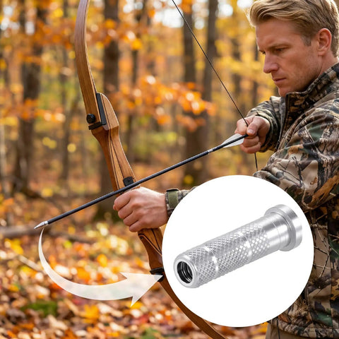Archer using bow with insert detail, 12 Piece Aluminum Arrow Inserts For 0.244 Inch And 6.20mm Carbon Arrow Shafts shown inset.