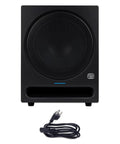 10 Inch Front Firing Studio Subwoofer, Active Sub with Glass Composite Driver, front port, shown with power cable