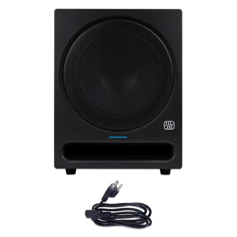 10 Inch Front Firing Studio Subwoofer, Active Sub with Glass Composite Driver, front port, shown with power cable