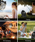 Rechargeable Camping Fan with 20000mAh Battery, LED Lantern, in diverse outdoor settings like camping, fishing, RV, and picnics.