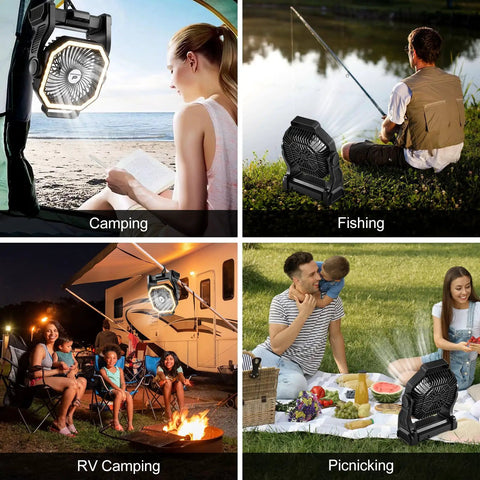 Rechargeable Camping Fan with 20000mAh Battery, LED Lantern, in diverse outdoor settings like camping, fishing, RV, and picnics.