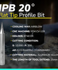 20° flat tip profile bit for CNC machining, aluminum alloy, showing technical specifications and dimensions.