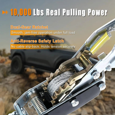 Come Along 5 Ton Heavy Duty Hand Winch With 10 Foot Steel Cable And Dual Ratchet Gears For Off Road Recovery Stuck Vehicle Towing Farm Use Truck And Trailer Recovery And Heavy Lifting, close-up steel cable and ratchet