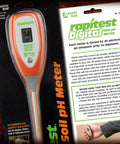 Box and manual of Digital Soil pH Meter For Easy Garden Testing With Instant Readouts From 3.5 To 9.0, Soil Only Design, Includes Printed Plant List