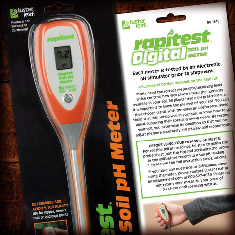 Box and manual of Digital Soil pH Meter For Easy Garden Testing With Instant Readouts From 3.5 To 9.0, Soil Only Design, Includes Printed Plant List