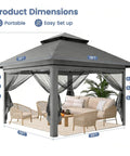 13x13 Pop Up Gazebo With Mosquito Netting One Push Setup No Tools Needed Ventilated Roof For Fresh Air Sturdy Frame Dark Gray