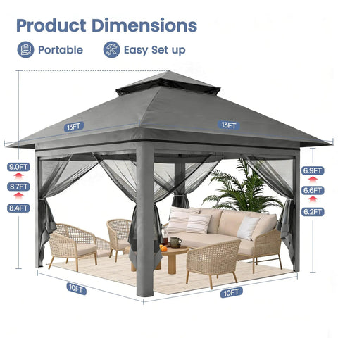 13x13 Pop Up Gazebo With Mosquito Netting One Push Setup No Tools Needed Ventilated Roof For Fresh Air Sturdy Frame Dark Gray