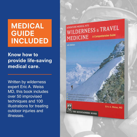Front view of Adventure Medical Kits Mountain Series Backpacker Medical Kit, blue/orange, 96 pieces