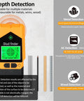 Stud Finder Wall Scanner 6 In Stud Detector With Lcd Display showing metal, wood, and AC wire detection capabilities (Orange).