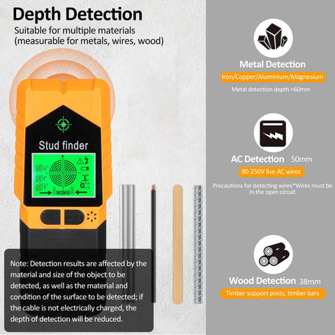 Stud Finder Wall Scanner 6 In Stud Detector With Lcd Display showing metal, wood, and AC wire detection capabilities (Orange).
