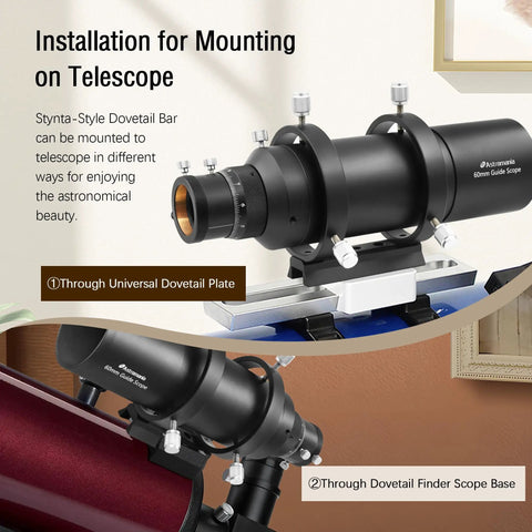 Installation view of Finderscope Dovetail Mount Plate For Telescopes Universal Rail Base showing guidescope attachment.