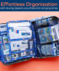 Open view of Large 270 Piece First Aid Kit For Kids And Family All In One Car Home Dorm And Boat Kit with organized compartments.