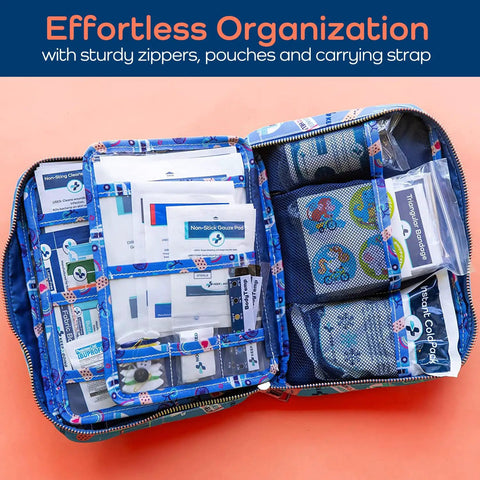 Open view of Large 270 Piece First Aid Kit For Kids And Family All In One Car Home Dorm And Boat Kit with organized compartments.