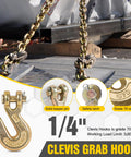 Quarter Inch Clevis Grab Hooks Four Pack Beefy Heavy Duty Chain Hooks For Grade 70 Chains Forged Alloy Steel Trailer And Truck Tie Down Gear Yellow Chromate Finish 3600 Lbs Working Load Limit. Image shows clevis hooks securing cargo with detailed close-ups highlighting the safety latch and Grade 70 stamp, emphasizing durability.