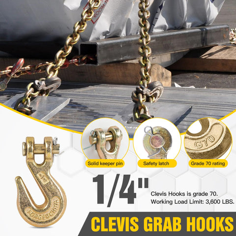 Quarter Inch Clevis Grab Hooks Four Pack Beefy Heavy Duty Chain Hooks For Grade 70 Chains Forged Alloy Steel Trailer And Truck Tie Down Gear Yellow Chromate Finish 3600 Lbs Working Load Limit. Image shows clevis hooks securing cargo with detailed close-ups highlighting the safety latch and Grade 70 stamp, emphasizing durability.