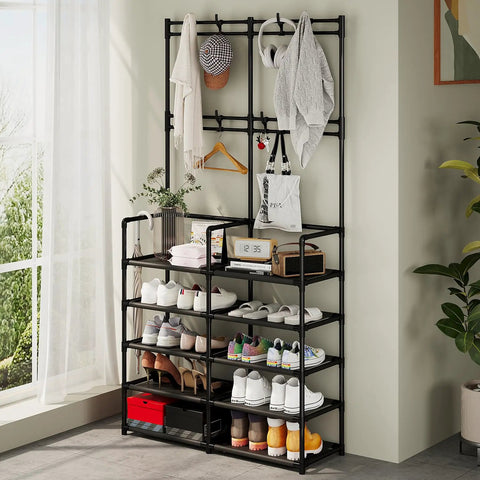 Five Tier Coat And Shoe Rack With Eight Hooks Double Row Organizer For Entryway And Living Spaces Keeps Shoes Hats Bags Neatly Organized