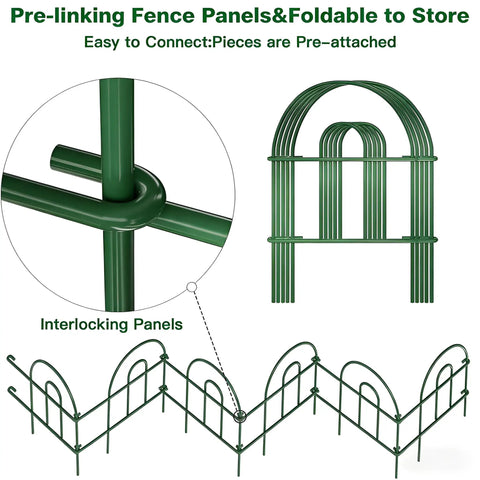 No Dig Rustproof Metal Garden Fence Kit, 35 Pre-Linking Panels, 18 Inch High By 17 Inch Wide Each, 50 Feet Total, Green, Interlocking Design