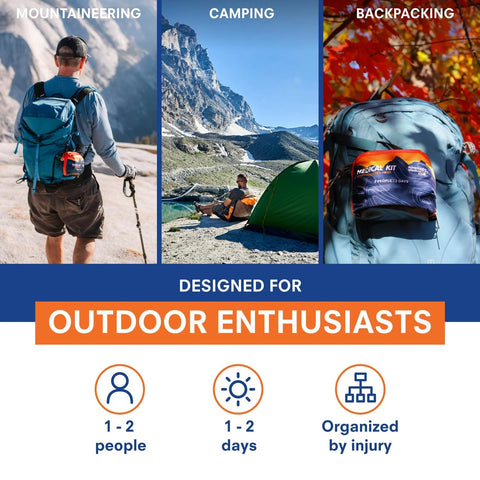 Adventure Medical Kits Mountain Series Hiker medical kit; blue backpack with medical pouch during hiking.