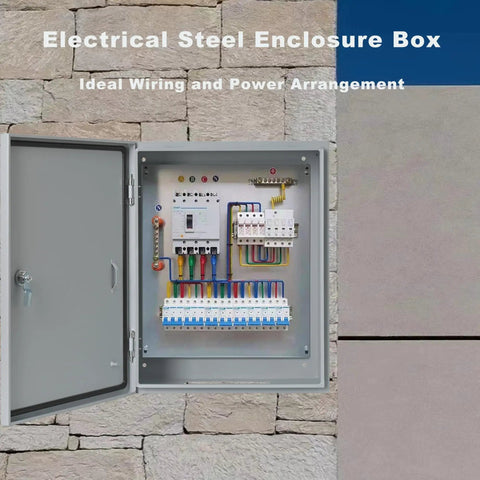 Weatherproof Outdoor Electrical Enclosure Box 12 By 8 By 6 Inches open showing electrical components inside