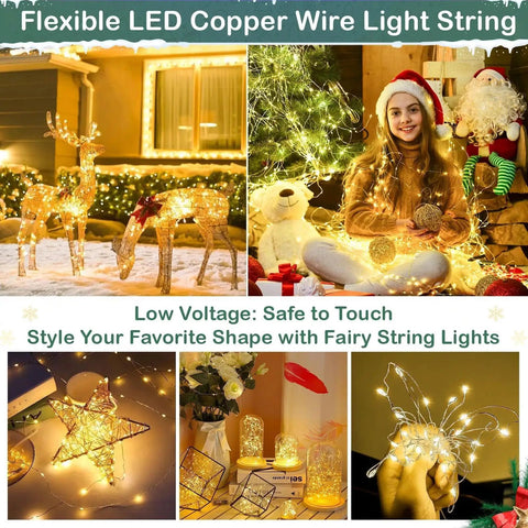 Lit 165Ft Ultra Long Copper Wire String Lights With 500 LEDs used in holiday decor with reindeer and gifts