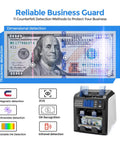 Money counter showing features of counterfeit detection including Mixed Denomination Money Counter With Two Pocket Design.