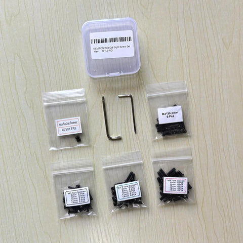 Top Shelf Red Dot Sight Screw Kit With M3 M3.5 And M4 Torx Anti Stripping Bolts in clear packaging with assorted screws.