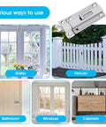 Two Pack Locks Down Tight Bathroom Stall Door Latch With 4 Inch Stainless Steel Slide Bolt Lock For Internal Doors Rust Resistant Heavy Duty Smooth Operator Hardware shown in various uses including gates, fences, bathrooms, windows, and cabinets.