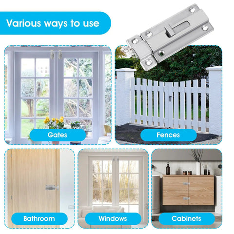 Two Pack Locks Down Tight Bathroom Stall Door Latch With 4 Inch Stainless Steel Slide Bolt Lock For Internal Doors Rust Resistant Heavy Duty Smooth Operator Hardware shown in various uses including gates, fences, bathrooms, windows, and cabinets.