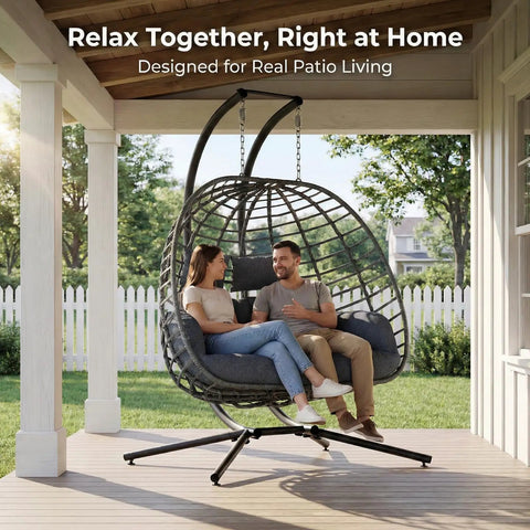 Two Person Outdoor Double Egg Swing Chair With Stand For Patio Or Garden Weather Resistant Hanging Hammock With Cushions