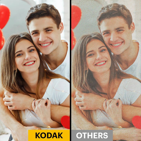 Comparison of photo quality with Kodak and other printers showing a couple smiling, highlighting vibrant and dull color differences.