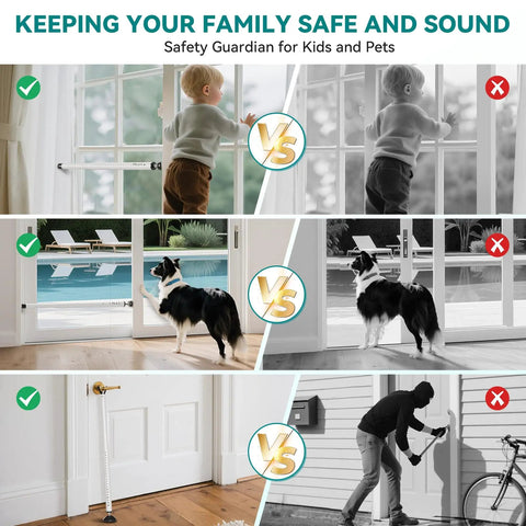 Child and pet versus intruder scenarios showcasing the 2-In-1 Sliding Door Security Bar and Window Guard for family safety.