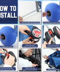 Installation steps for foldable beach cart with 12 inch balloon wheels and aluminum frame featuring blue tote