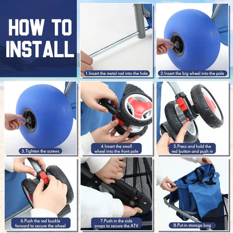Installation steps for foldable beach cart with 12 inch balloon wheels and aluminum frame featuring blue tote