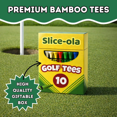 Funny Golf Tees For Men 10 Pack Bamboo Wooden Tees Lit Gift Set packaging on a golf course with colorful tees visible