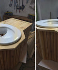 Wooden DIY composting toilet setup with urine diverter for composting toilets, complete wrap around separator for DIY buckets, top view.