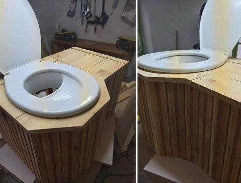 Wooden DIY composting toilet setup with urine diverter for composting toilets, complete wrap around separator for DIY buckets, top view.