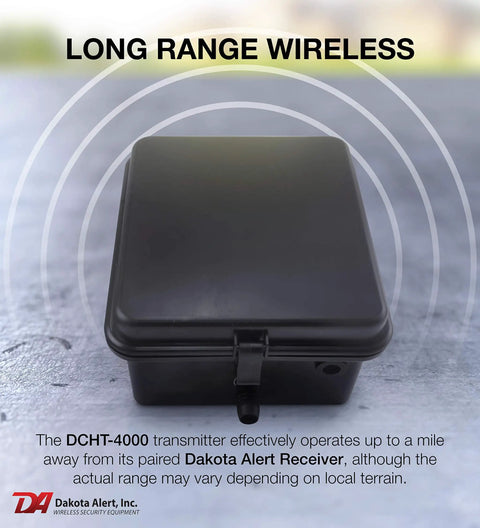 One Mile Wireless Driveway Alarm Sensor With Heavy Duty Rubber Hose 25 Ft No Brainer Setup Works With Any Dakota Alert 4000 Series Transmitter Or Receiver Real Time Alerts For Easy Driveway Security. Black wireless transmitter unit