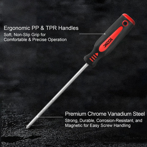 18 Piece Magnetic Screwdriver Set With Case 7 Phillips And 9 Slotted Tips Cushioned Grip Non Slip For Home Repair DIY Projects Computer Repair And Toy Battery Replacement A Solid Gift For Any Handyman, showing ergonomic handle and chrome vanadium steel blade on black background.