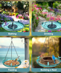 Hanging Bird Bath With Solar Fountain For Outdoors 14.9 Inch Metal Bird Bath Sun Powered Water Feature With 4 Nozzles And 3 Removable Decorative Birds Easy Hang For Patio Garden Porch Yard Gift displayed in different use scenarios: bathing, drinking, feeding, and nest building.