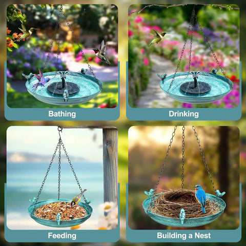 Hanging Bird Bath With Solar Fountain For Outdoors 14.9 Inch Metal Bird Bath Sun Powered Water Feature With 4 Nozzles And 3 Removable Decorative Birds Easy Hang For Patio Garden Porch Yard Gift displayed in different use scenarios: bathing, drinking, feeding, and nest building.