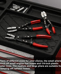 Three Piece Ratcheting Hose Pinch Off Pliers Set 8 10 12 Inch Locking Hose Pinchers displayed on tool tray