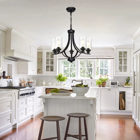 Farmhouse 5-Light Chandelier Pendant Light In Black Finish With Clear Glass Shades in bright kitchen setting