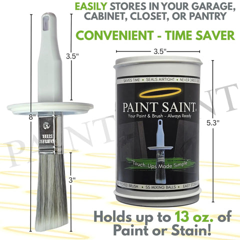 Airtight Touch Up Paint Container With Built In Brush And HaloTip Premium Brush with size measurements in inches