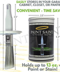 Airtight Touch Up Paint Container with Built In Brush showing dimensions and paint capacity on the label.